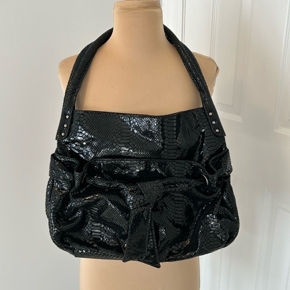 Perlina Black Snakeskin Embossed Satchel - Picture 1 of 14